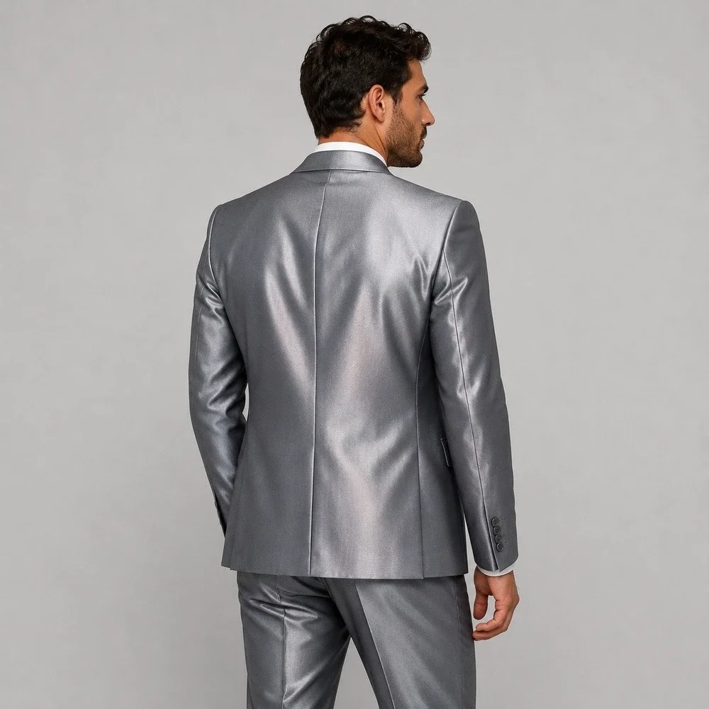 Bergham Taylor Made in Italy Metallic Silver Suit Set Blazer & Dress Slacks  NWT